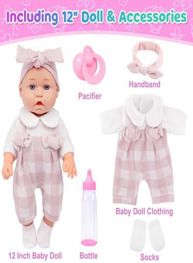 Ecore Fun 12" Baby Doll and Clothes Accessories Playset - 6 Pcs 12 Inch Doll with Pink Romper Outfit, Headband, Socks, Pacifier, Bottle | Gift Ready in Box - Image 2